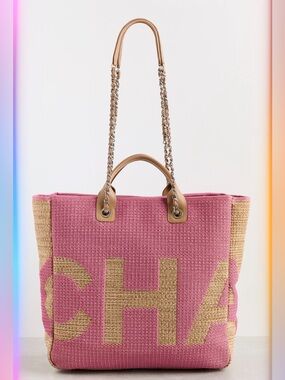 Chanel Pink Raffia Large Shopping Tote